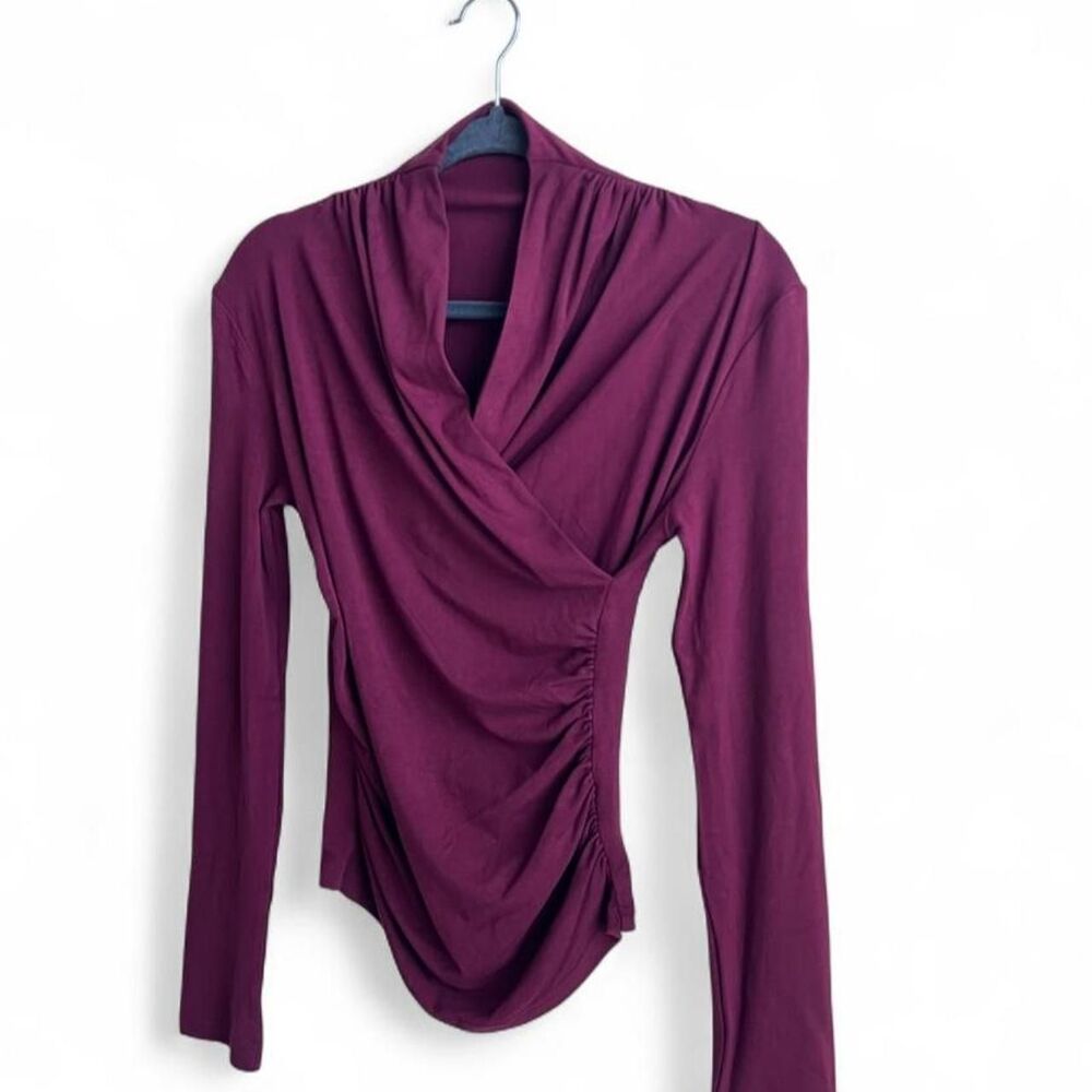 Burgundy Ruched Wrap Long Sleeve Top Women's Size Small - Picture 2 of 5